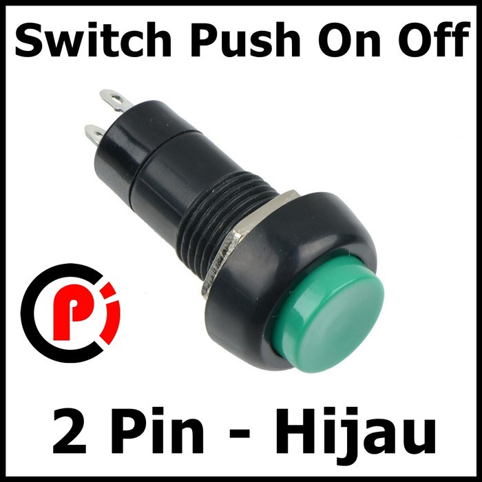 Saklar Switch Push ON OFF 17mm Bulat Button 2 Pin Kaki Warna Hijau