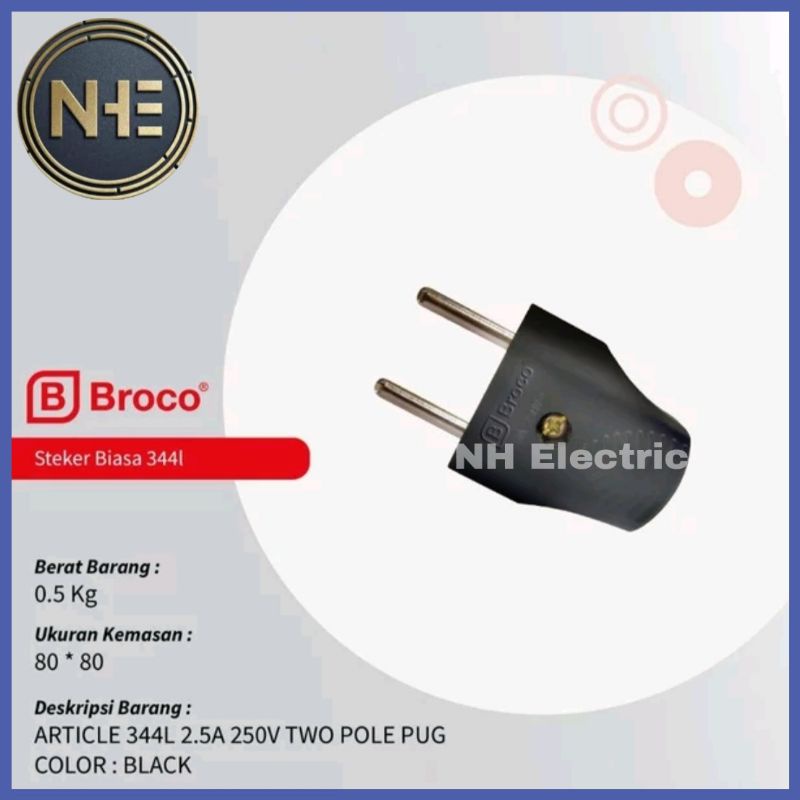 Steker Mini Gepeng 344L Hitam Broco Two Pole Plug Broco