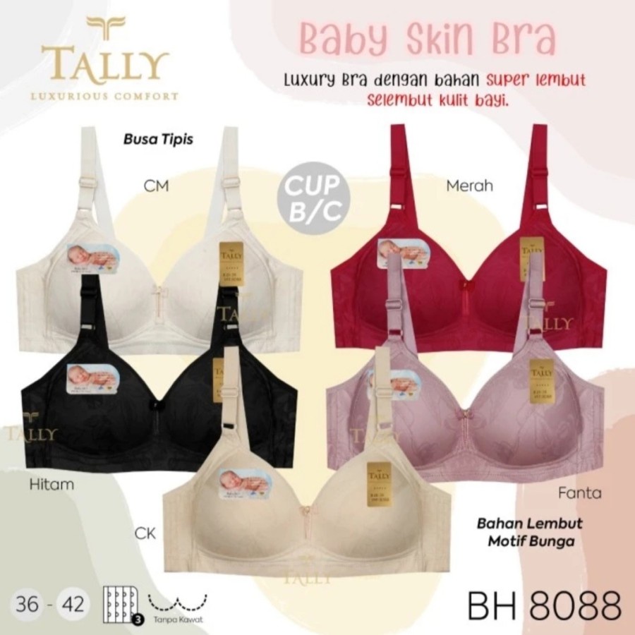 TALLY Bra Tanpa Kawat Bahan Katun Busa Tipis Cup C Kait 3 Bra Harian BH 8088 BABY SKIN