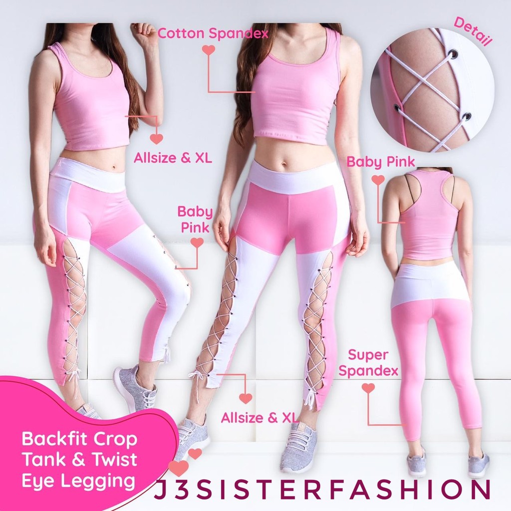 SETELAN SENAM CROP LEGING TALI BABY PINK TWIST SET baju senam zumba dance fitness gym yoga