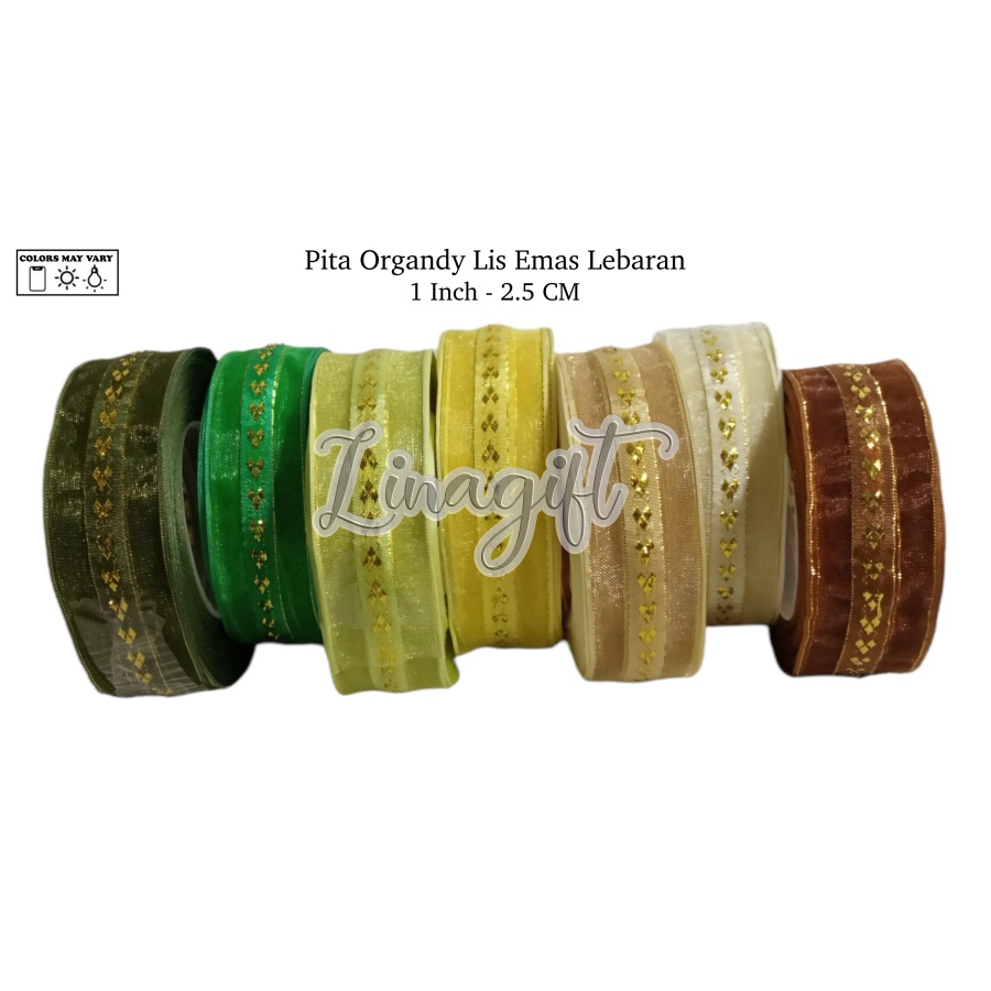 ( Rol 20 Yard ) ORGANDY GOLD BORDER RIBBON 1 INCH - PITA ORGANDI BORDIR EMAS 2.5 CM / PITA HISAN IDUL FITRI HAPPY IDUL ADHA EID MUBARAK LEBARAN HIASAN KADO PARSEL HAMPERS SOUVENIR PARCEL SNACK COOKIES DEKORASI