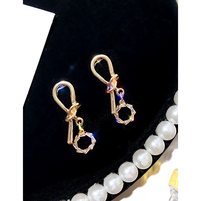 LRC Anting Tusuk Fashion Golden Openwork Alloy Earrings With Rhinestones k04156