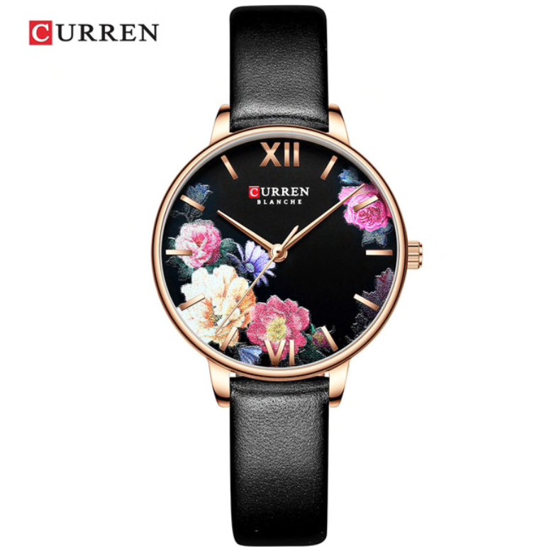 Jam Tangan Wanita Curren Flower Dial 9060L Tali Kulit &amp; Tali Pasir Original