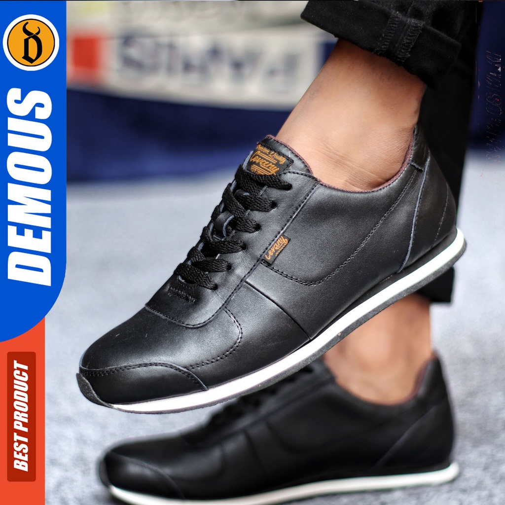 Sepatu Sneakers Pria Sepatu Casual Pria Kulit Asli Sepatu Kerja Kuliah Kondangan Sepatu Hitam Pria DEMOUS MORLEY