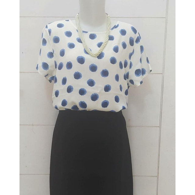 HM white blue shortsleeve blouse/blouse lengan pendek