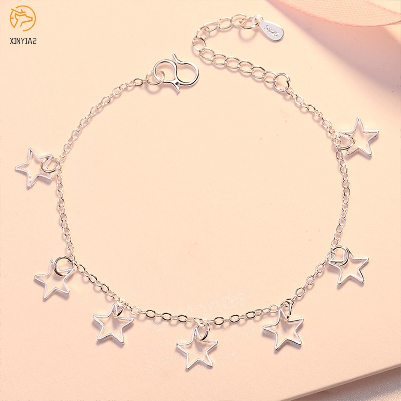 925 Perak Berbentuk Hati Rantai Gelang Bunga Bintang Liontin Korea Fashion Gelang Wanita Hadiah Ulang Tahun C3-4