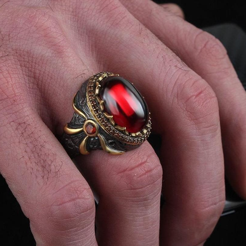 [Cherrye] Cincin Pria Ruby Berlian Kristal Mutiara Merah Gaya Vintage Baja Titanium Hitam Emas Rings