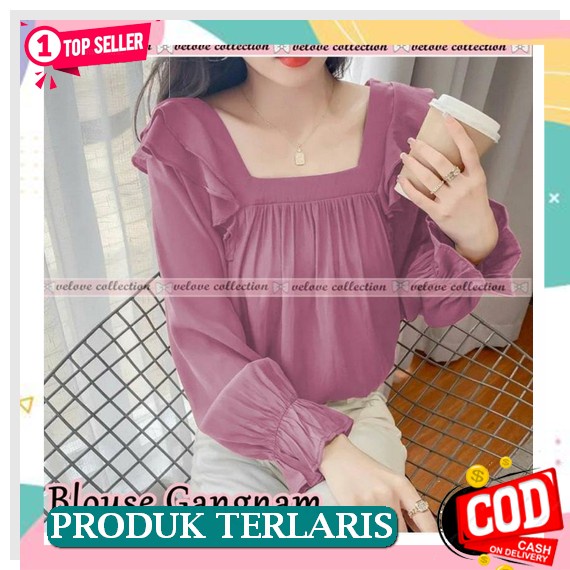 【Impor】Atasan Wanita Blouse Korea Chic High Collar Floral Shirt Lengan Balon New Kemeja Wanita Casua