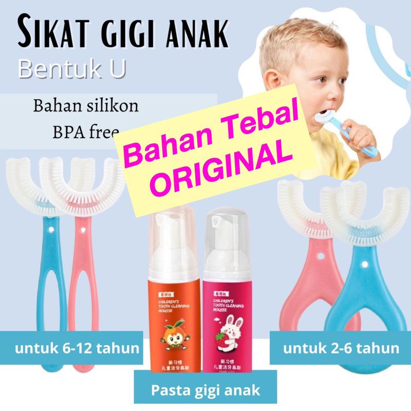 ORI SIKAT GIGI ANAK BENTUK U / SIKAT GIGI ANAK SILIKON BPA FREE / SIKAT GIGI BABY / SIKAT GIGI BAYI / TRAINING TOOTHBRUSH Sikat gigi silikon bayi anak bentuk U odol pasta gigi mouse pasta gigi anak | tooth brush baby silicon type U 360° sikat gigi anak si