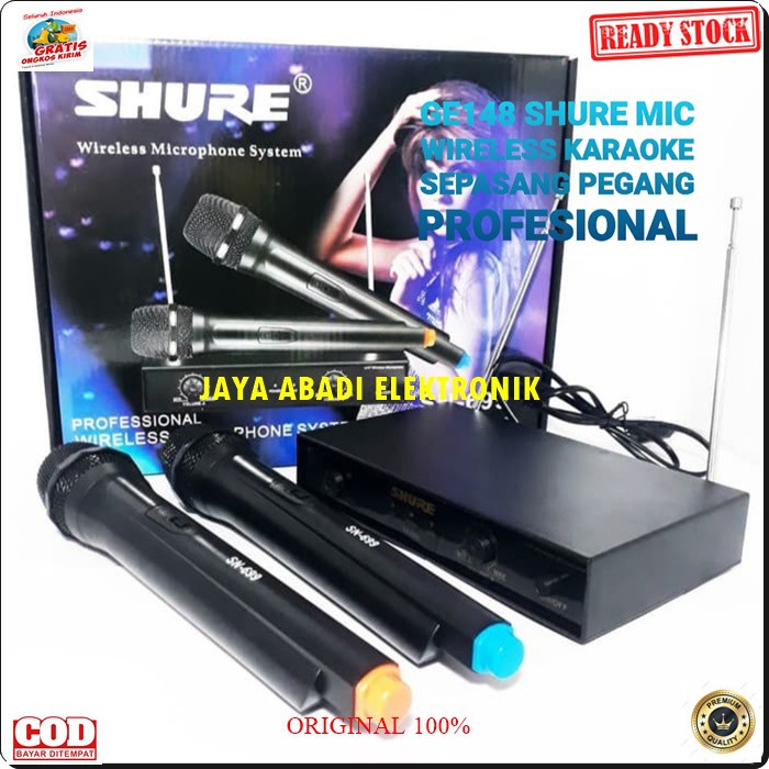 G148 Shure mic Wireless sepasang mik karaoke system microphone wireles mikrophone dual pegang profesional pro suara audio sound sistem vokal vocal panggung G148  BISA SEGALA JENIS AUDIO SOUND  2PCS MIC WIRELESS  BATERAI AA  2 unit mic handle jarak 20 - 30