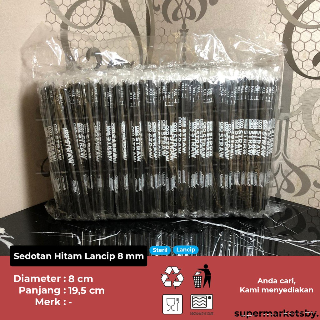 Sedotan Hitam Lancip 8 mm Steril / Sedotan Minuman Hitam 8 mm Lancip