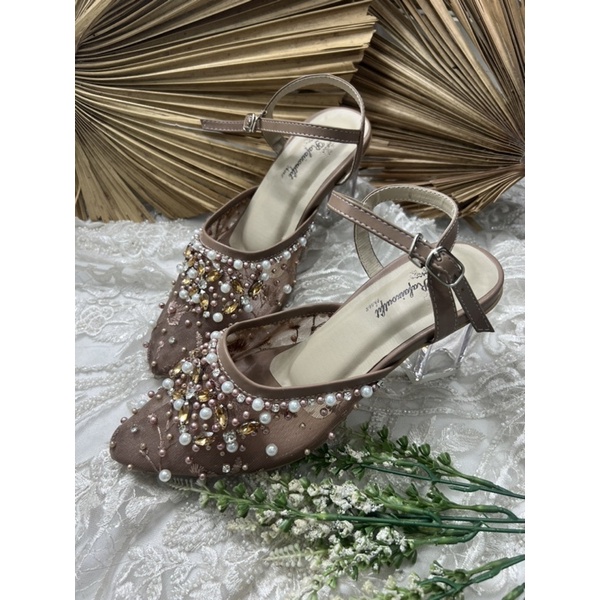 sepatu wanita wedding moccca diamont tali 7cm kaca