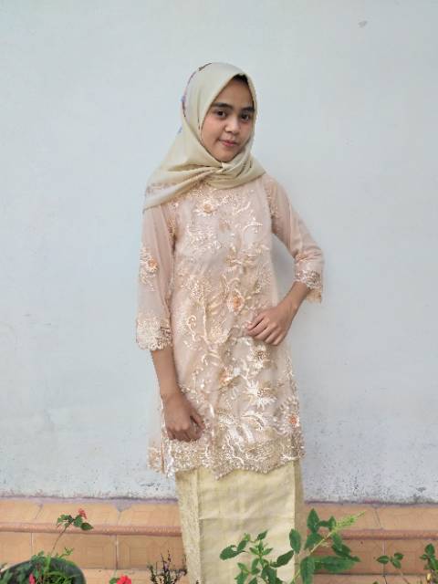 Baju kurung tulle bordir 3D krem