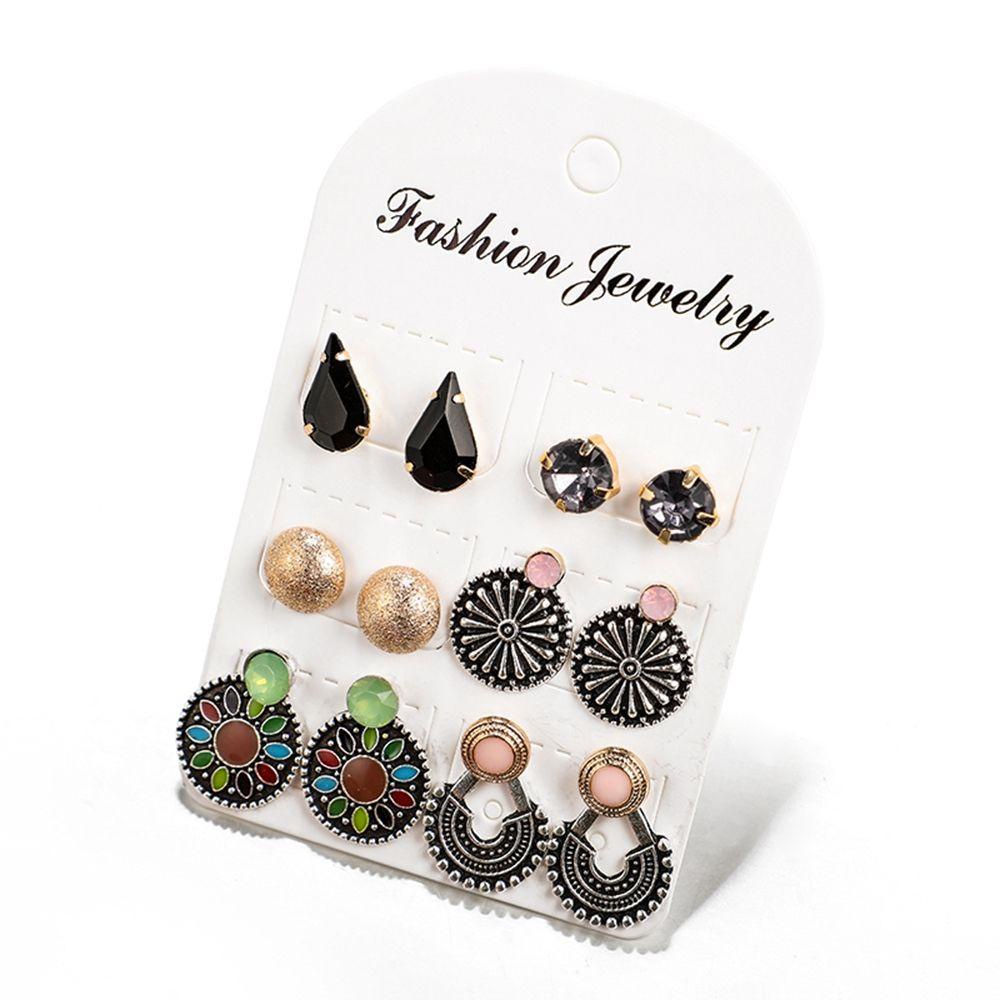 R-flower 6pasang/1set Set Anting Bunga Retro Drop-Berbentuk Berlian Imitasi Berongga Keluar Daun