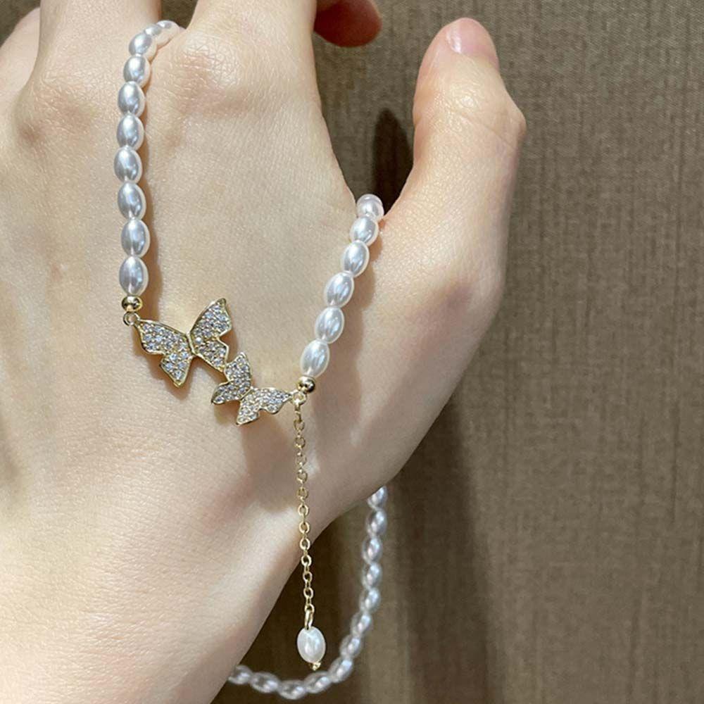 Agustina Wanita Kalung Pendek Elegan Temperamen Gadis Hadiah Pesta Perhiasan Mutiara Imitasi Berlian Imitasi Kupu-Kupu Butterfly Klavikula Rantai