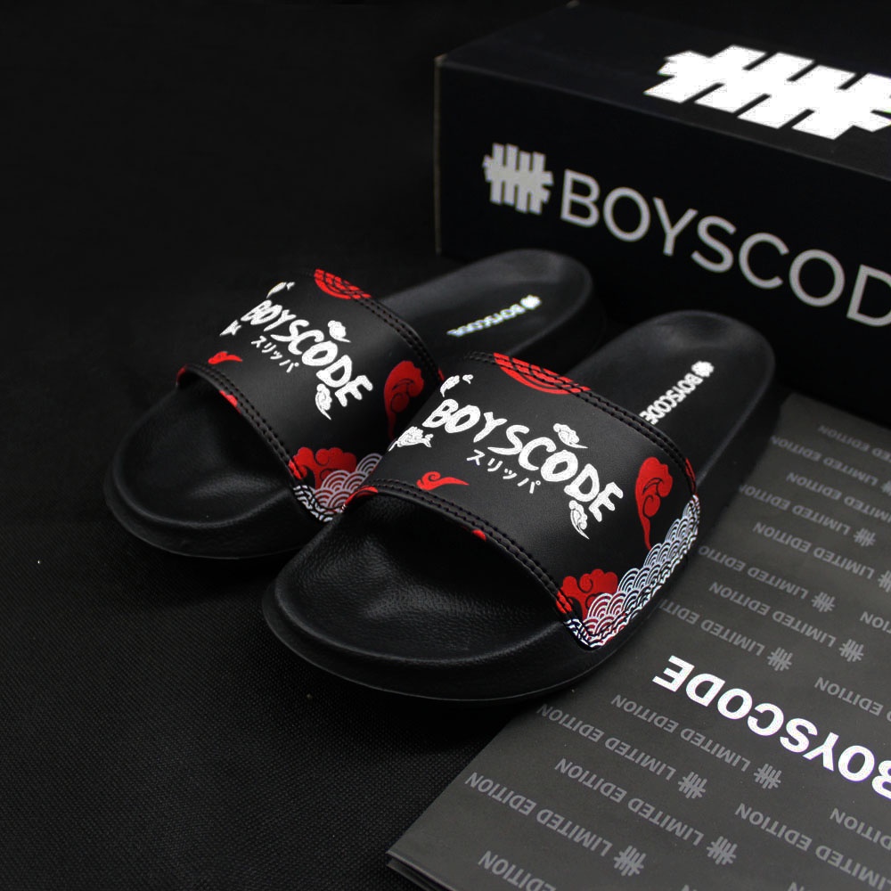 Sandal Selop Distro Pria Wanita Original BOYSCODE Akatsuki Cloud Hitam Merah / Sandal Slop Pria / Sandal Slide Pria