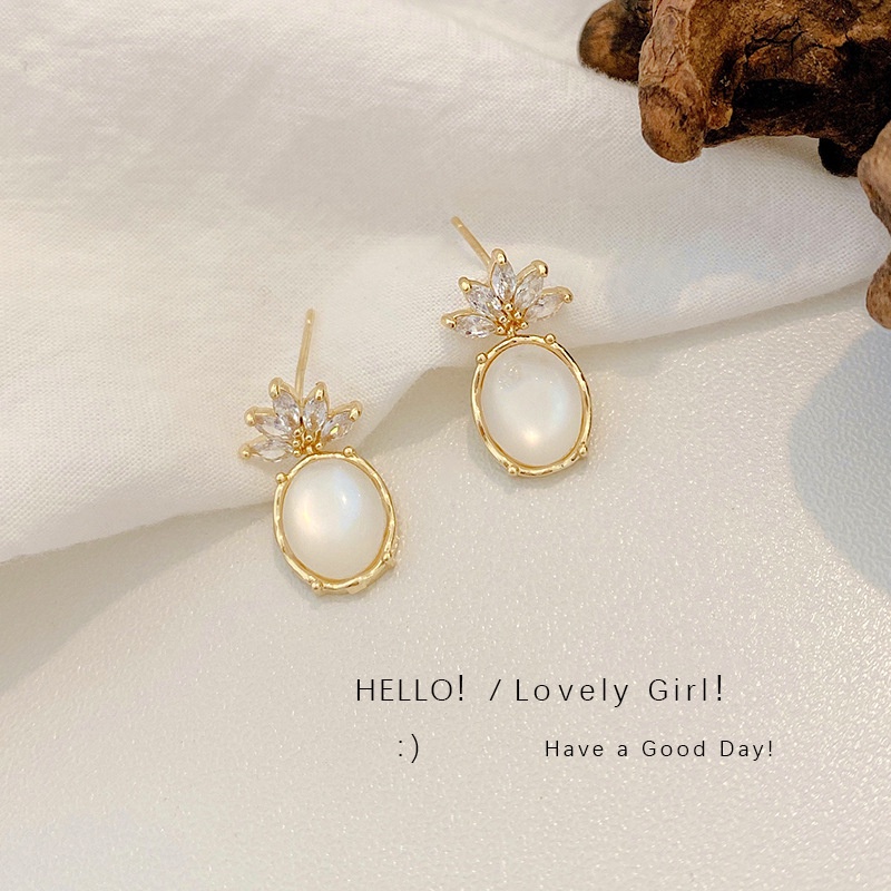 Anting Bentuk Oval Desain Nanas Opal Gaya Korea Untuk Wanita