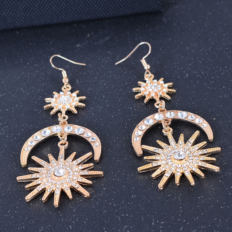 Anting Kristal Bentuk Matahari Bulan Bintang Warna Emas Perak Untuk Wanita