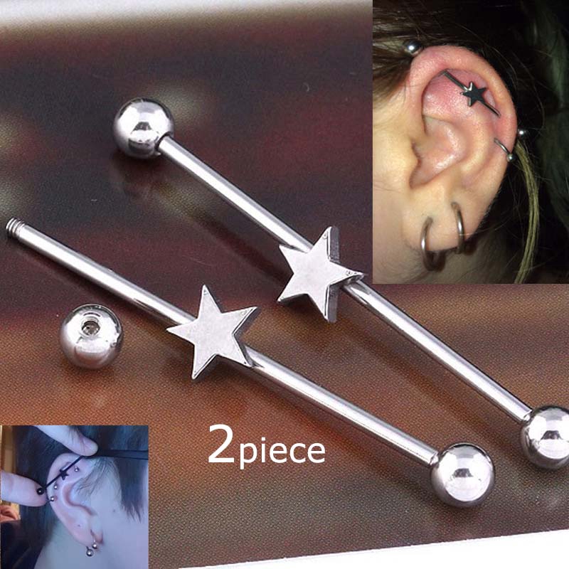 2piece Star Shape Industrial Barbell Piercing 14G Scaffold Earrings