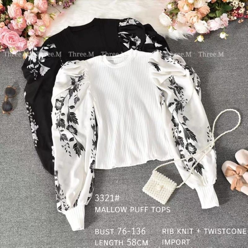 3321 Atasan lengan balon Rajut Import Wanita Baju Blouse puff Rajut Import Kekinian Baju Balon black