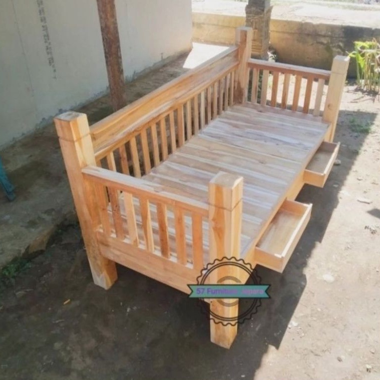 Daybed/ Bale Bale Kursi Tamu Panjang Kayu Jati Laci 2 Model Polos Mentah