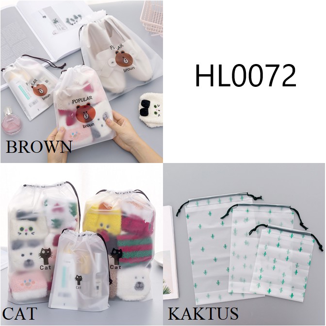 Swopply HL0072 Pouch Transparan Motif Karakter Tas Serut Travel Storage Bag Make Up Organizer Anti Air