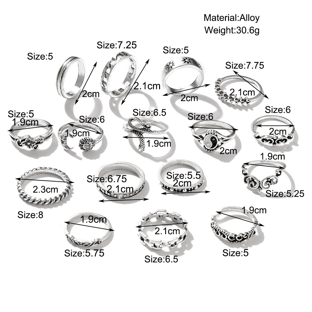 15 pcs Cincin Tren Kepribadian Hollow Joint Ring Sun Snake Chain Ring Set