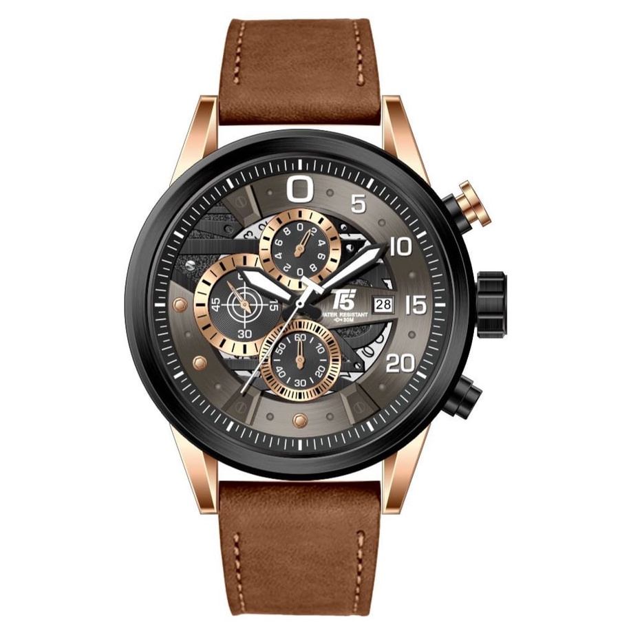 T5 H 3734G .SMH JAM TANGAN PRIA LEATHER STRAP/T5 H 3734G ORIGINAL FITUR CHRONOGRAPH STOPWATCH