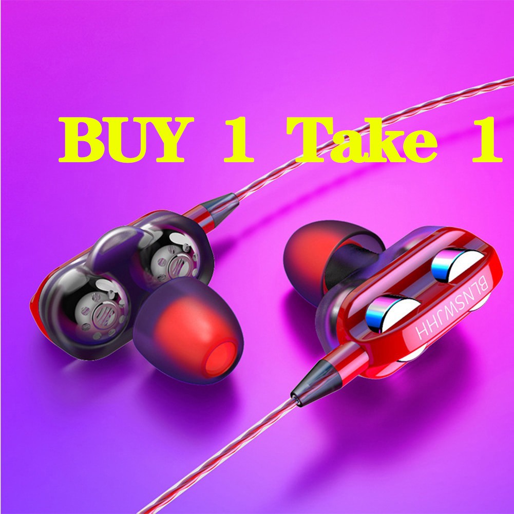 (Buy 1 Get 1 Free) Headset Earphone Kabel Stereo Heavy Bass dual drive Dengan Mic Untuk Olahraga