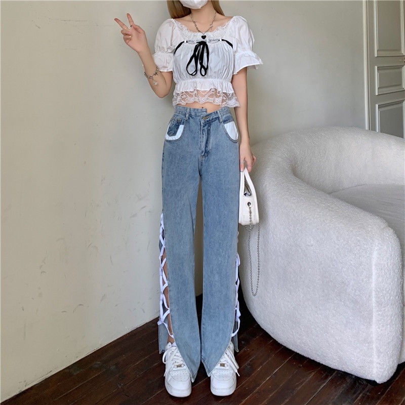 Suhao Musim panas Baru Vintage Hyun-ah Sisi Slip Celana Spice Girl Fried Street Jeans Celana Panjang Wanita Slim Fit Lebar Celana