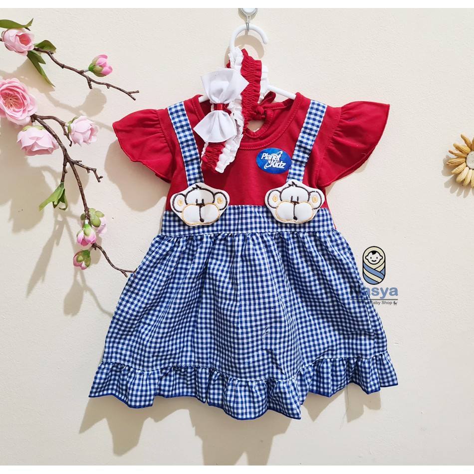 [P-015] Baju Bayi Model Dress MURAH baby girl (0-6 bulan) + Bandana-Monyet Merah biru