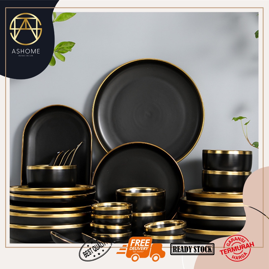 ASHOME Piring Makan Keramik Black List Gold Motif Eropa  / Piring Hitam Keramik List Gold / Mangkuk 