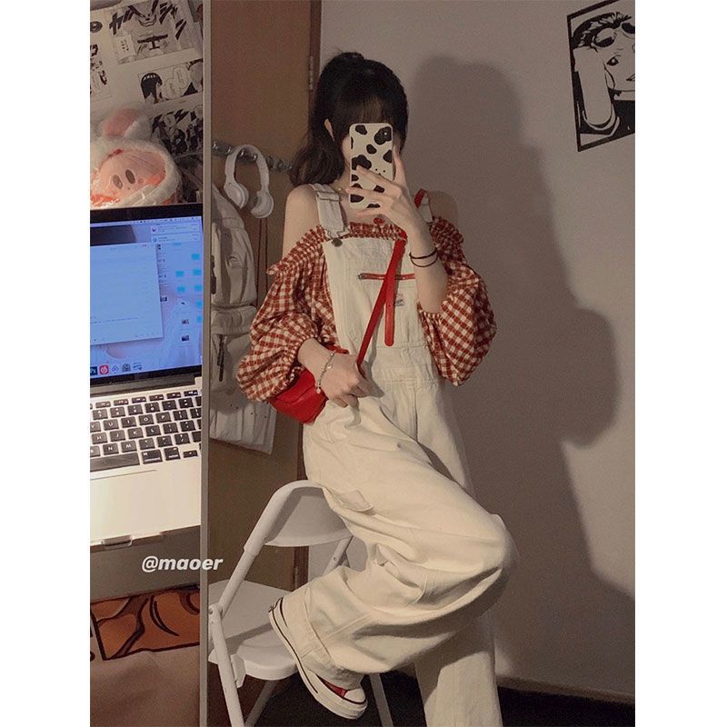 Overall Denim Putih Wanita Celana Kaki Lebar Longgar