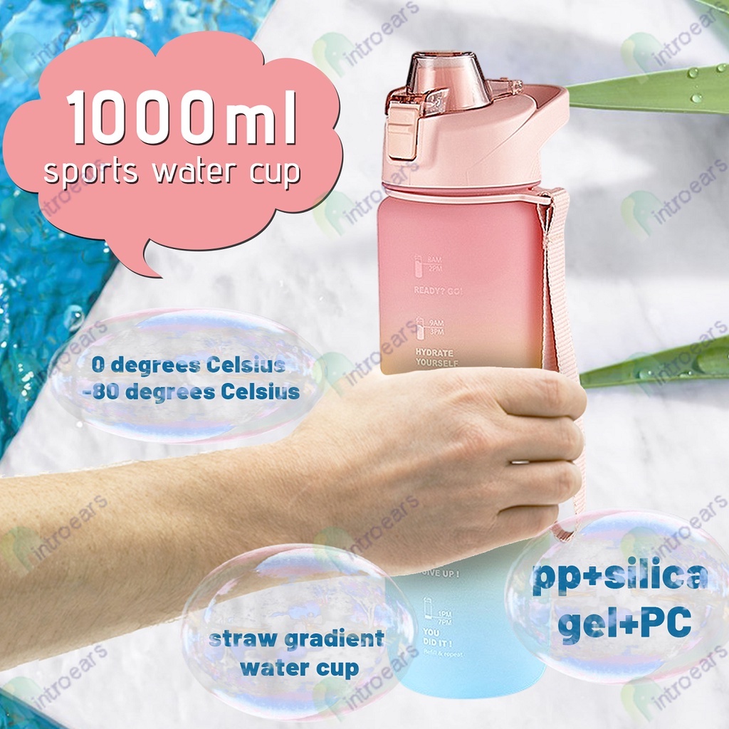 1000/2000ML Sport Water Bottle Portable Gradient Bottle Transparent Straw Water Cup Large-capacity Timer Indicator Sports Fitness Outdoor Travel Tumbler