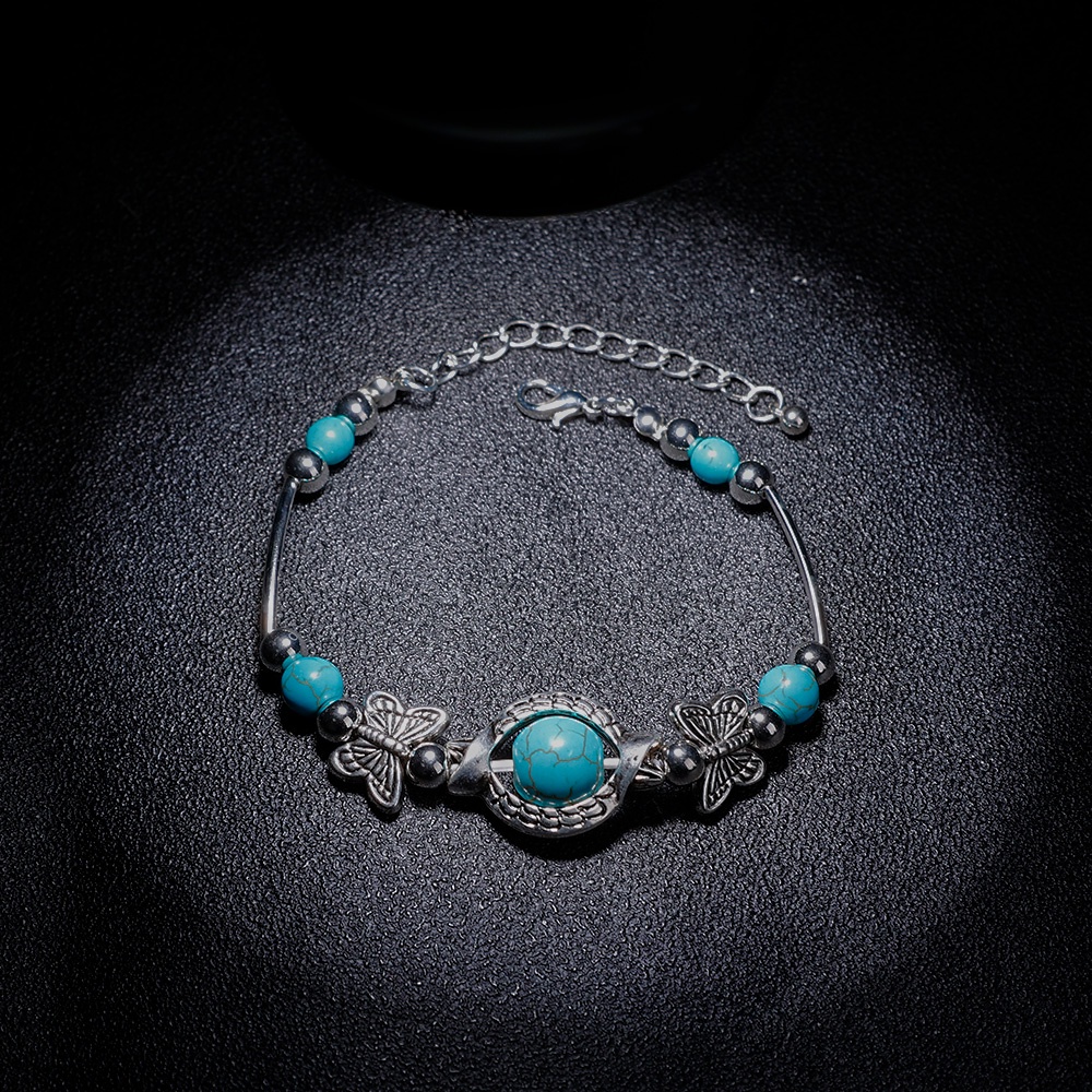 Gelang Bangle Manik Turquoise Biru Hias Kupukupu Gaya Boho Vintage Untuk Wanita