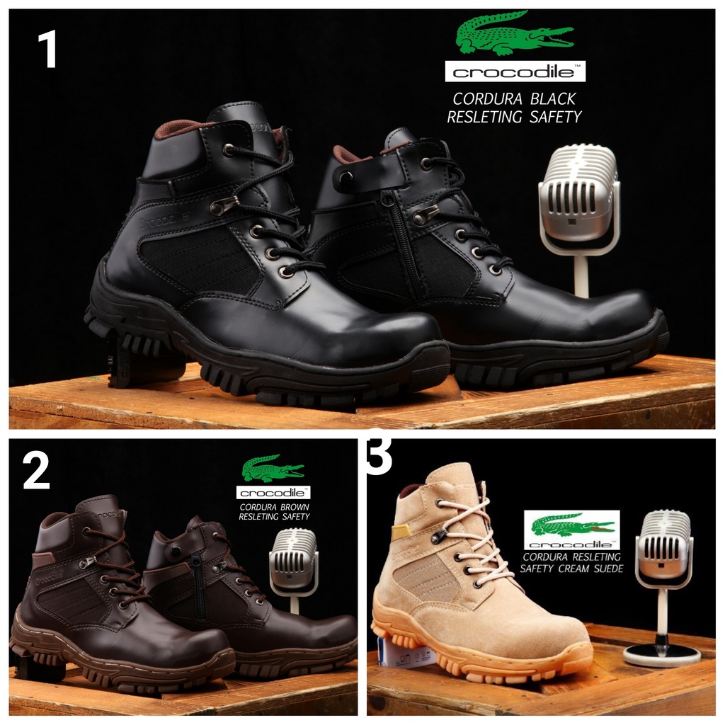 Sepatu Pria Crocodile Bite Sepatu Boots Safety Kerja Proyek Ujung Besi Cream