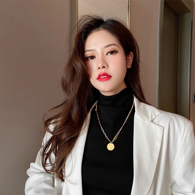 Kalung Titanium Koin Rantai Kombinasi Gold 18K Mirip Emas Asli Vintage Korea Fashion Style