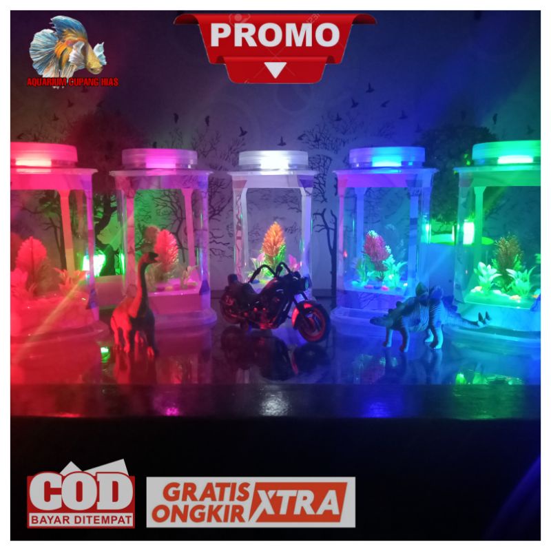 Aquarium Mini Ikan Cupang Guppy hias Full Hiasan Dan Lampu Warna Keren Hiasan Rumah Hadiah Dekorasi 