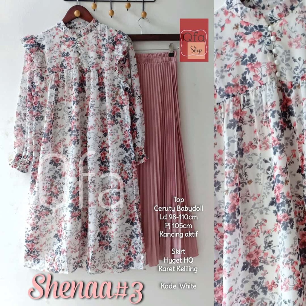 SHENAA #3 SET BY QFA SHOP ONESET TUNIK BAHAN CERUTY BABYDOLL LD -/+110 MOTIF BUNGA BUSUI + SKIRT PLI