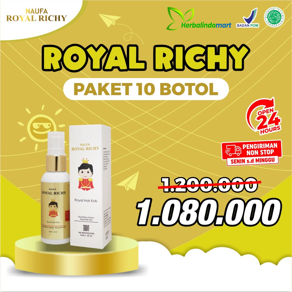 Naufa Royal Richy Paket Hemat 10 Botol - Serum Minyak Kemiri Rambut Bayi Lebat &amp; Sehat 100% Original Pelembab &amp; Percepat Penumbuhan Rambut Isi 60ml