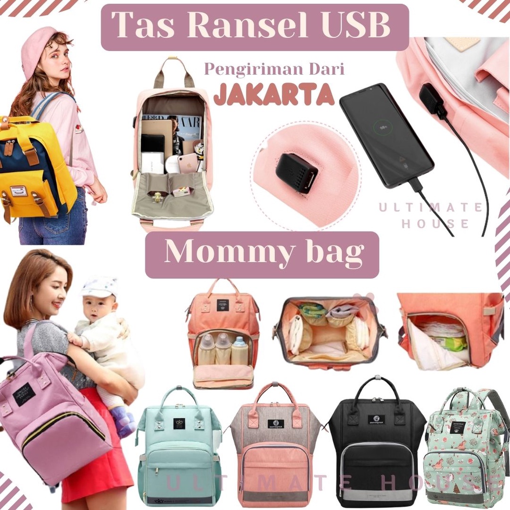 Tas Bayi Multifungsi Baby Diapers Bag Tas Perawatan Tas Perlengkapan Travelling Bayi Tas Wanita USB Fashion Korea