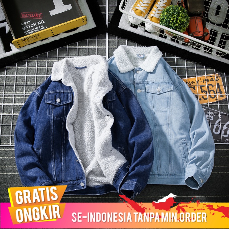 Outerwear Pria 2020  Bulu Berlapis Pria Denim Mantel Pemuda Kain Wol Jaket Thermal Berlapis Kapas   