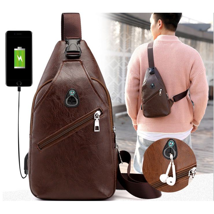 Tas Selempang Pria Kulit Import USB Port Chest bag Sling Bag