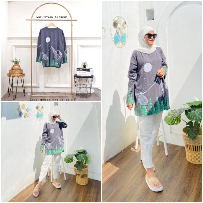 BJ Atasan Kaos Import Wanita Jumbo Oversize Lengan Panjang Kekinian Ld 140 Mountain T Shirt