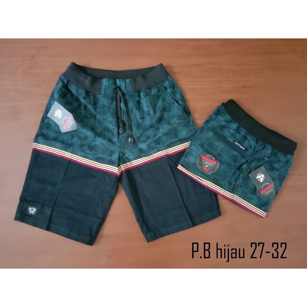 Celana Pendek Pria Surfing Distro Premium Pantai Santai kolor Rib Motif P.B Hijau Size 28-33