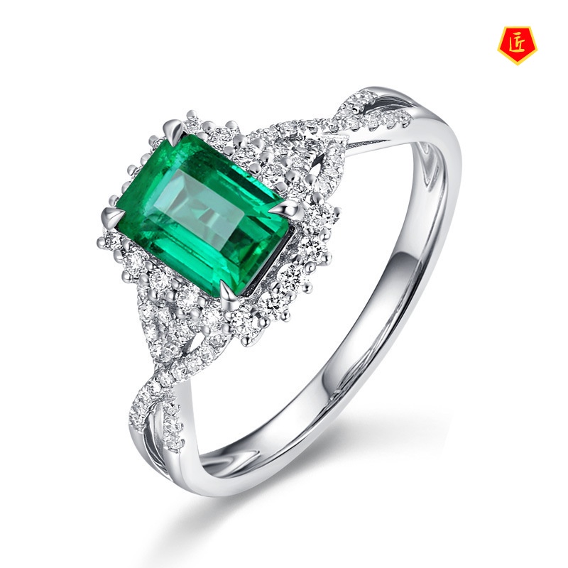 [Ready Stock]Inlaid Square Emerald Diamond Ring Fashionable Elegant