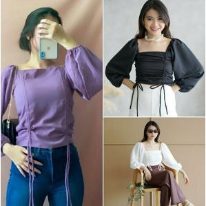 BLOUSE SABRINA SERUT UNGU LILAC PUTIH HITAM BAJU ATASAN WANITA DNCMS BIANCA