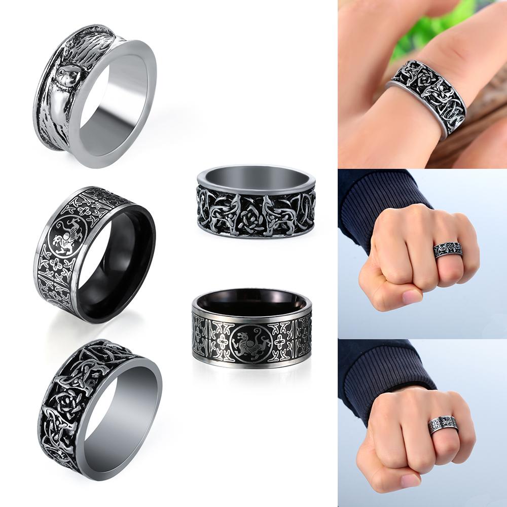 Lily Punk Cincin Pria Perhiasan Serigala Raksasa Batu Baja Titanium Hip Hop Gothic