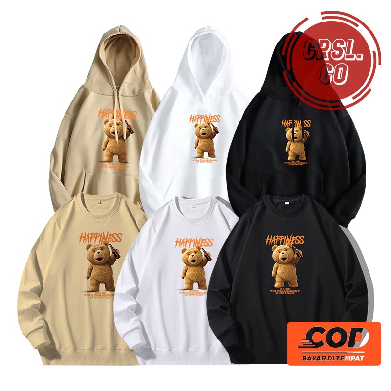 HOODIE SWEATER CREWNECK TEDDY BEAR HYAPPINESS CREAM KUALITAS DISTRO CASUAL MURAH TEBAL NYAMAN DI PAKAI COD