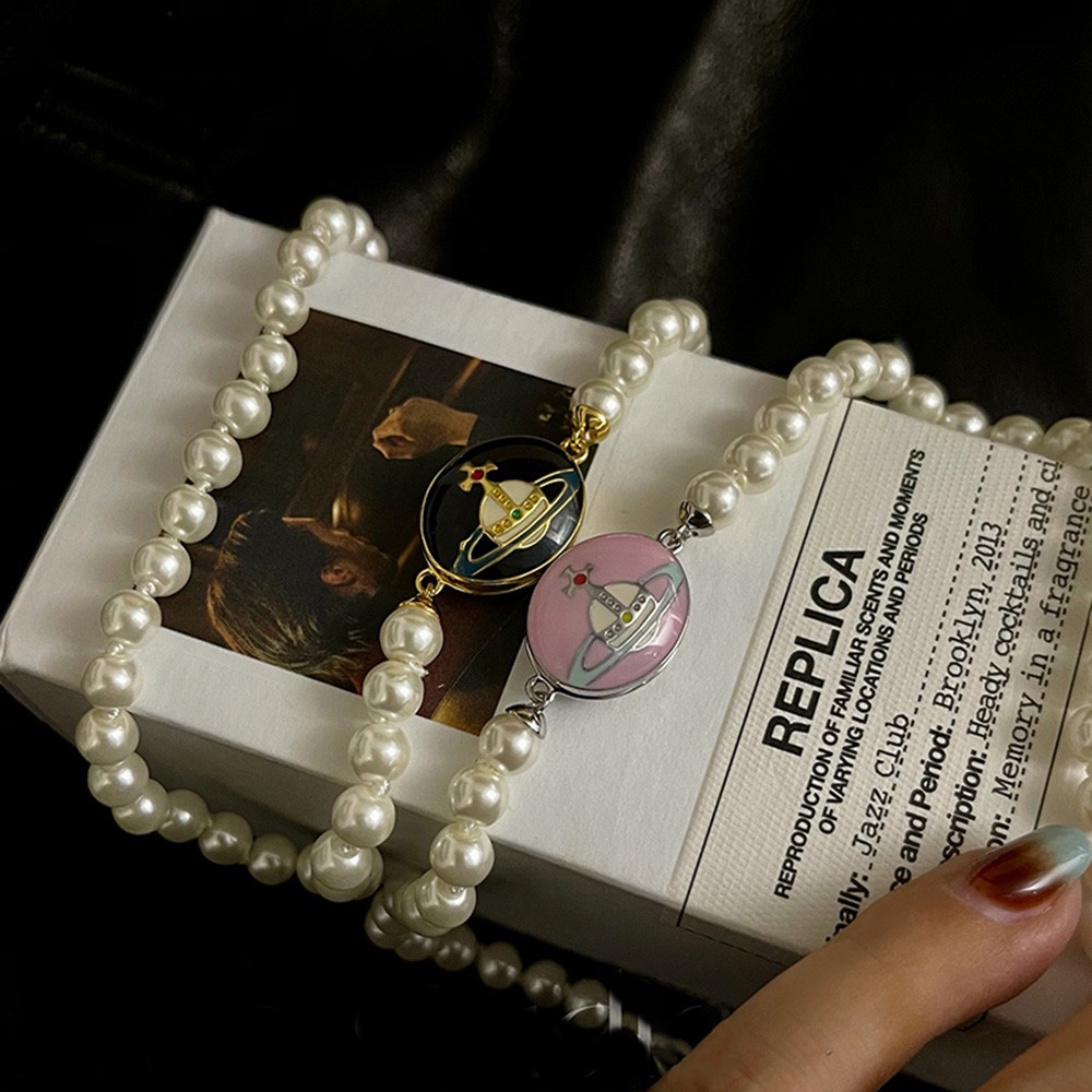 Kalung Rantai Choker Liontin Manik-Manik Mutiara Gaya Retro Korea Untuk Wanita